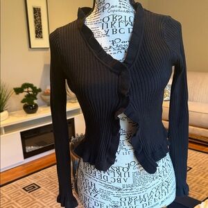 Mable Ribbed Black Ruffle-Trim Cardigan